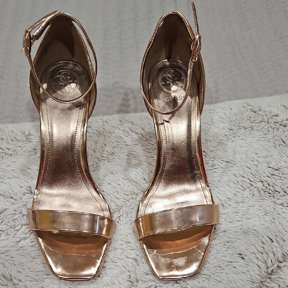 Guess Rose Gold Ankle-Strap Heeled Sandals